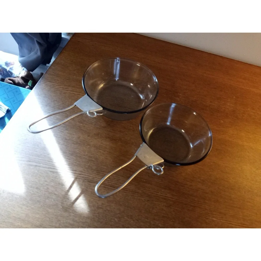 Vtg Pyrex Flameware Clear Blue Cookware 4 Pc 833B 832B Saucepans & Metal Handles
